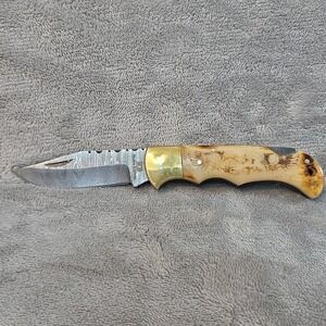Delta Knives Damascus 3 Inch Drop Point Brass Carved Skull Wings...